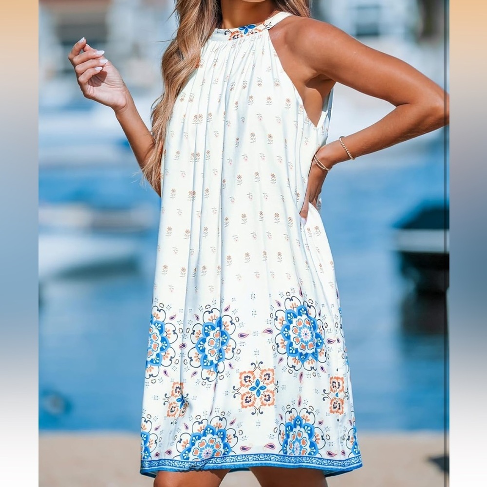 Cupshe White Boho Floral High Neck Sleeveless Mini Beach Dress NWT Size M